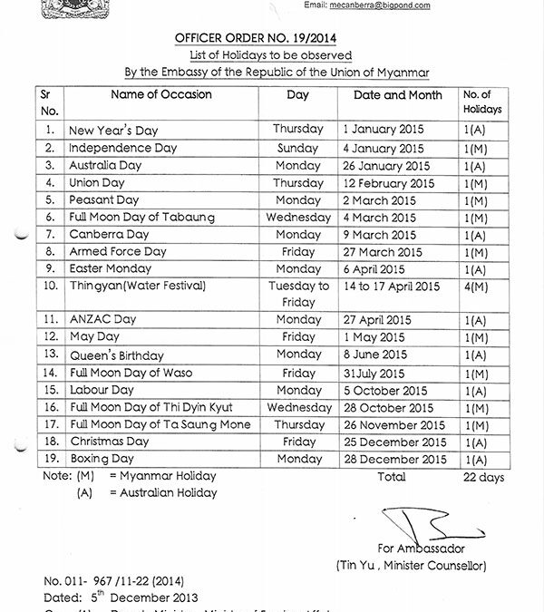 2015 Holidays List of Myanmar Embassy in Canberra