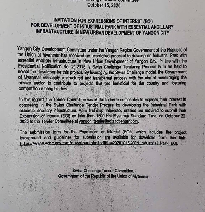 Invitation For Expressions of Interest (EOI) For Development of industrial Park with Essential Ancillary Infrastructure in New Urban Development of Yangon City