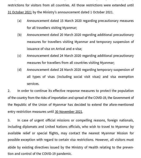 Announcement on Extension of the Precautionary Restriction Measures Relating to Control of the COVID-19 Pandemic until 30 November 2021