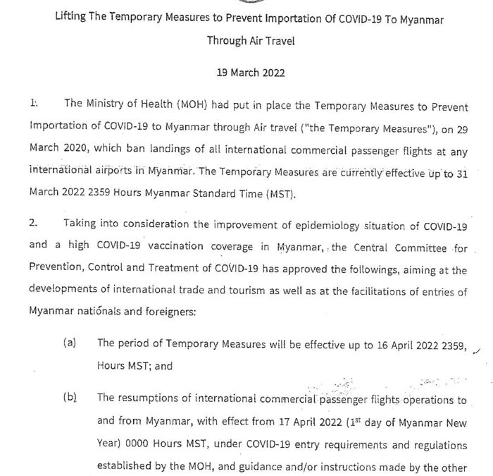 Lifting the Temporary Measures to Prevent Importation of COVID-19 to Myanmar Through Air Travel